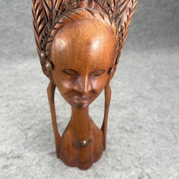 MCM VTG Afro-Caribbean Hand Carved Wood Woman Head Bust Sculpture Leaf Crown - Picture 7 of 7